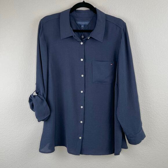 Tommy Hilfiger Navy Blue Roll-Tab-Sleeve Button-Down Shirt Plus Size 0X NWT - Picture 9 of 14